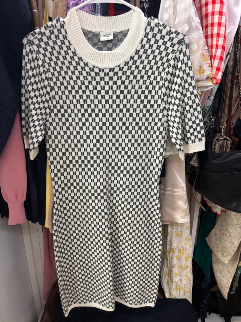 Abercrombie & Fitch Olive Green and White Checker Knit Mini Dress